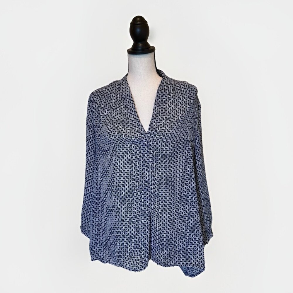 Laundry by Shelli Segal Top Women’s Large Blue And White Geometric Print Blouse